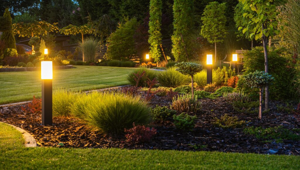backyard with LED landscaping lights