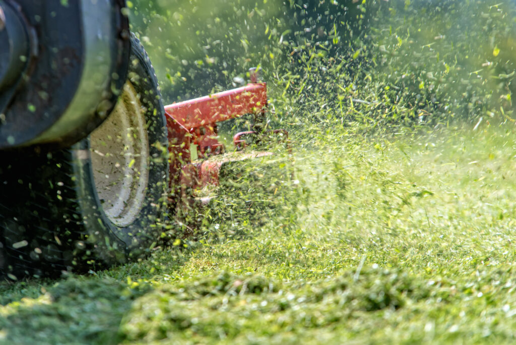 lawn mower mowing grass at sunset.