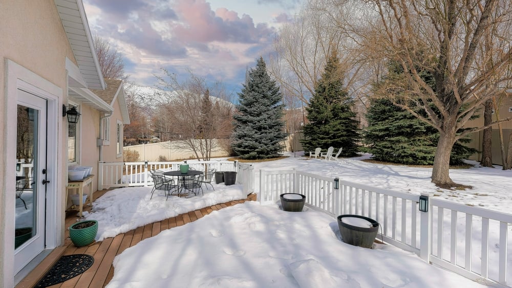 Backyard landscape covered in snow