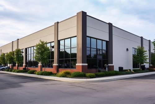 Commercial building with mulched garden beds